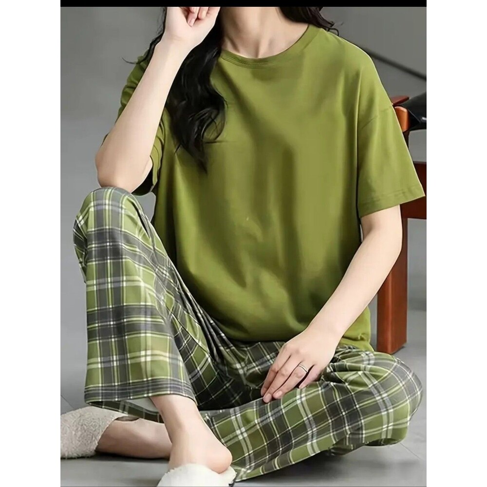 Olive Green Plaid Women's Pajama Set Size L